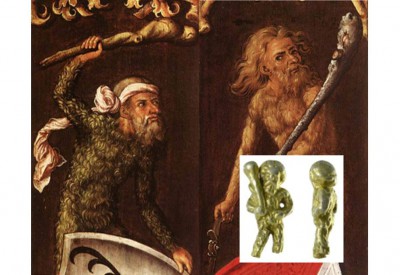 A depiction of Wild Men by Albrecht Durer, 1499. (Wikimedia Commons). Inset: The Wild Man has a long history in humanity’s legends and myths. This photo shows the spoon handle found near Ipswich. (Photo by Suffolk County Council Archaeological Service)